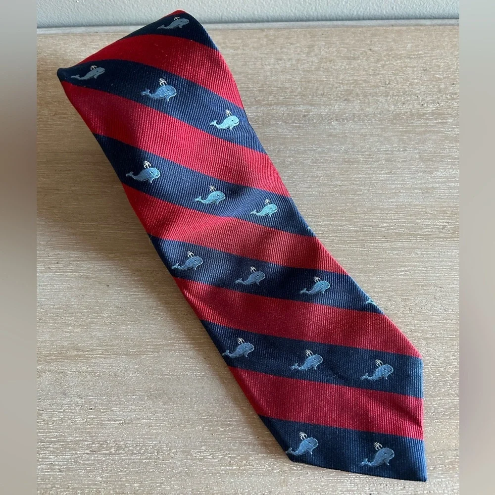 J.Crew mens red and blue striped whale accent necktie 100% English silk USA made